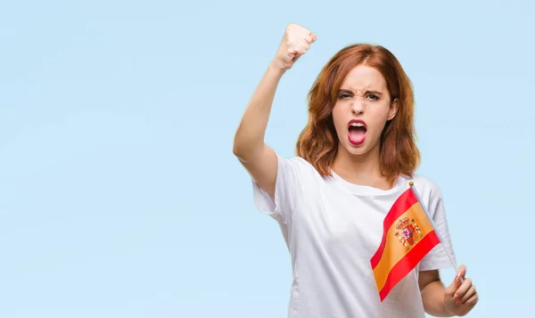 Jeune Belle Femme Tenant Drapeau Espagne Sur Fond Isolé Ennuyé — Photo