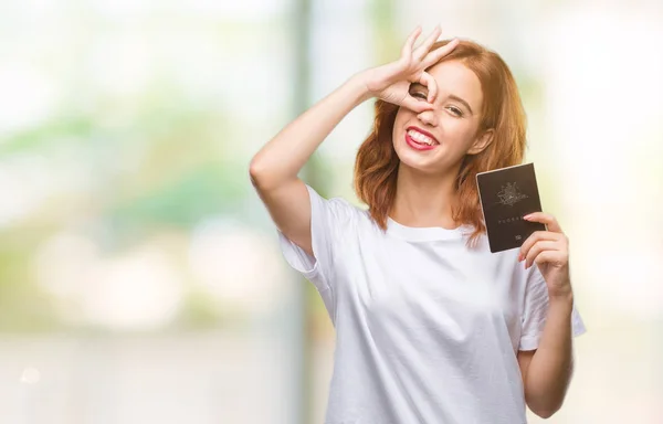 Jovem Bela Mulher Segurando Passaporte Austrália Sobre Fundo Isolado Com — Fotografia de Stock