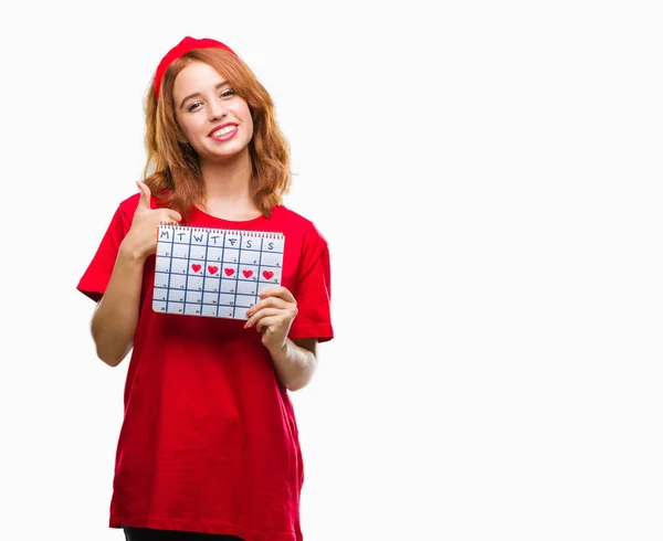 Jovem Mulher Bonita Sobre Fundo Isolado Segurando Calendário Menstruação Feliz — Fotografia de Stock