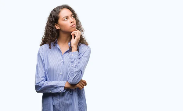 Young Hispanic Business Woman Hand Chin Thinking Question Pensive Expression — Stock Photo, Image