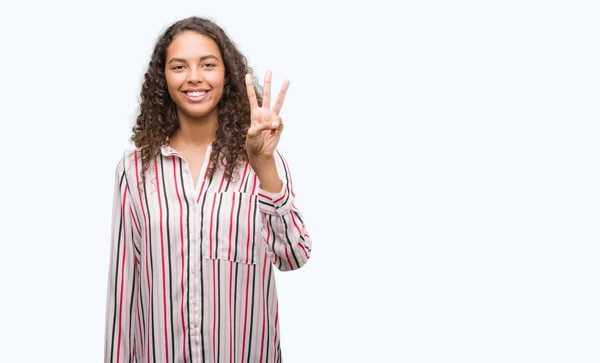 Vacker Ung Spansktalande Kvinna Visar Och Pekar Uppåt Med Fingrar — Stockfoto