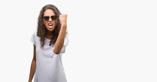 Young Hispanic Woman Wearing Sunglasses Angry Mad Raising Fist Frustrated — Stock Photo, Image