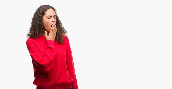 Junge Hispanische Frau Rotem Pullover Gelangweilt Gähnend Müde Mund Mit — Stockfoto