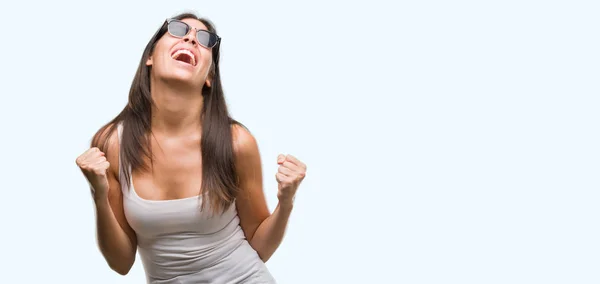 Young Beautiful Hispanic Wearing Sunglasses Very Happy Excited Doing Winner — Stock Photo, Image