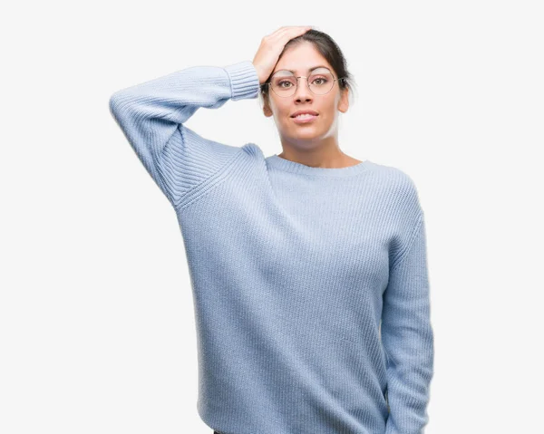 Young Beautiful Hispanic Woman Wearing Bun Stressed Hand Head Shocked — Stock Photo, Image