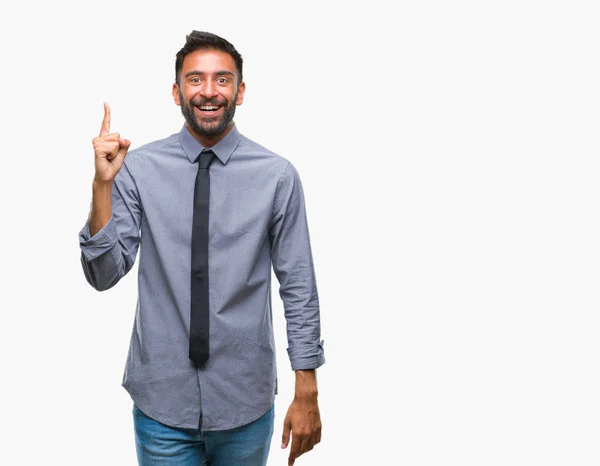 Взрослый Латиноамериканец Изолированном Фоне Указывает Пальцем Успешную Идею Взволнован Счастлив — стоковое фото
