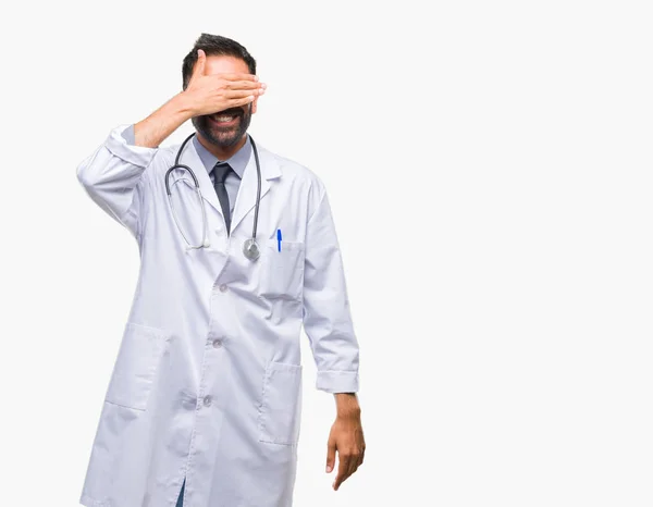 Adult Hispanic Doctor Man Isolated Background Smiling Laughing Hand Face — Stock Photo, Image