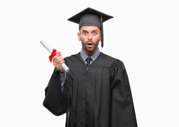 Young Handsome Graduated Man Holding Degree Isolated Background Scared Shock — Stock Photo, Image