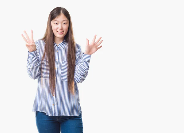 Jovem Chinesa Sobre Fundo Isolado Mostrando Apontando Para Cima Com — Fotografia de Stock