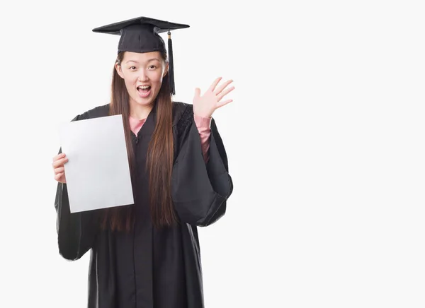 Young Chinese Woman Wearing Graduate Uniform Holding Paper Degree Very — Stock Photo, Image
