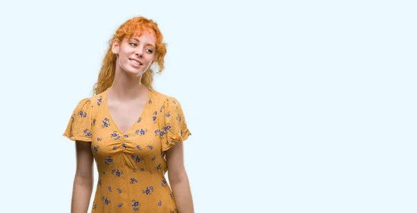 Young Redhead Woman Looking Away Side Smile Face Natural Expression — Stock Photo, Image