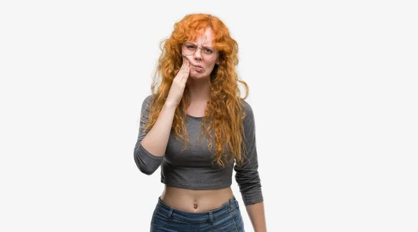 Young Redhead Woman Touching Mouth Hand Painful Expression Because Toothache — Stock Photo, Image