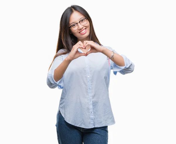 Jonge Aziatische Zakenvrouw Bril Geïsoleerde Achtergrond Glimlachend Liefde Met Hartsymbool — Stockfoto