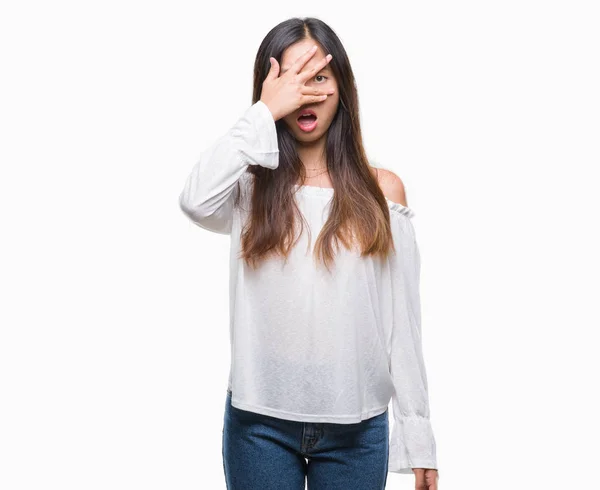 Young Asian Woman Isolated Background Peeking Shock Covering Face Eyes — Stock Photo, Image