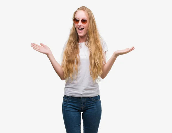 Blonde Teenager Woman Wearing Sunglasses Very Happy Excited Winner Expression — Stock Photo, Image