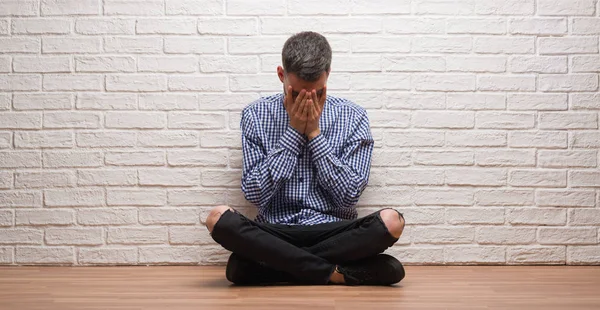 Young Adult Man Sitting White Brick Wall Sad Expression Covering — Stock Photo, Image