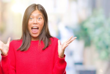 Üzerinde kış kazak giyen genç Asyalı kadın deli kutluyor arka plan izole ve başarı için kaldırdı kollarını açarak hayrete ve heyecanlı çığlık gözleri açık. Kazanan kavramı