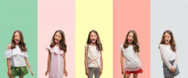 Esmer Latin kız dilini farklı kıyafetler giyiyor kolaj out komik ifade ile mutlu. Duygu kavramı.