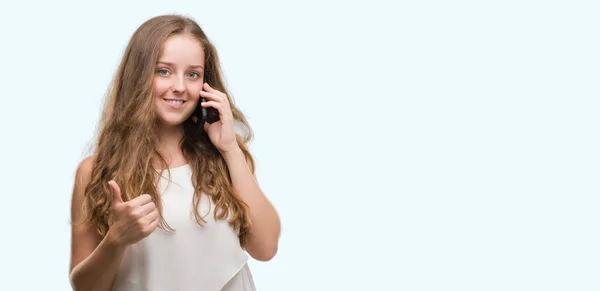 Young Blonde Woman Using Smartphone Happy Big Smile Doing Sign — Stock Photo, Image