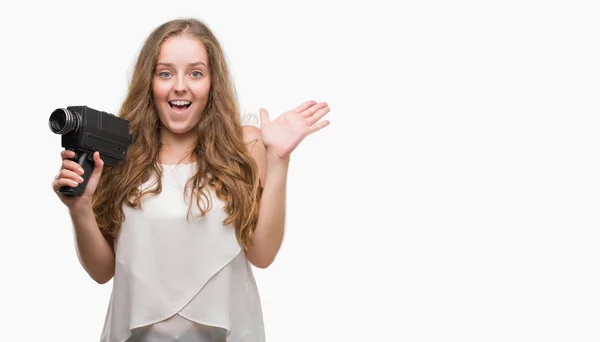 Young Blonde Woman Holding Super Video Camera Very Happy Excited — Stock Photo, Image