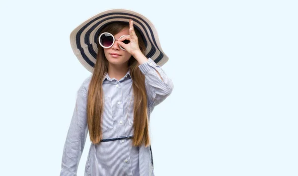 Young Blonde Toddler Wearing Hat Sunglasses Happy Face Smiling Doing — Stock Photo, Image