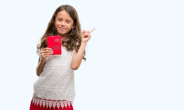 Brunette Hispanic Girl Holding Passport Switzerland Very Happy Pointing Hand — Stock Photo, Image