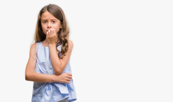 Brunette Hispanic Girl Looking Stressed Nervous Hands Mouth Biting Nails — Stock Photo, Image