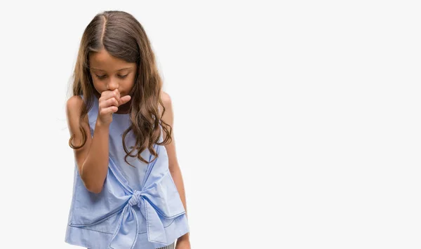 Menina Hispânica Morena Sentindo Mal Tosse Como Sintoma Frio Bronquite — Fotografia de Stock