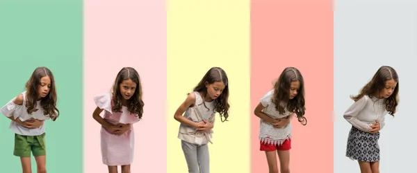 Kolaż Brunetka Dziewczynka Hiszpanin Sobie Różne Stroje Ręki Żołądek Niestrawność — Zdjęcie stockowe