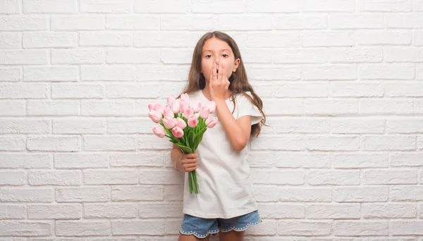 Young Hispanic Kid White Brick Wall Holding Flowers Mother Day — Stock Photo, Image
