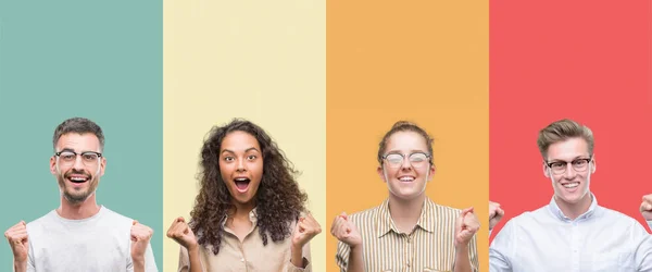 Collage Van Een Groep Mensen Geïsoleerd Kleurrijke Achtergrond Vieren Verrast — Stockfoto