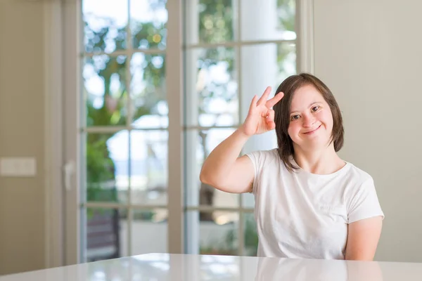 Syndrome Woman Home Smiling Positive Doing Sign Hand Fingers Successful — Stock Photo, Image