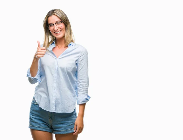 Young Beautiful Business Woman Isolated Background Doing Happy Thumbs Gesture — Stock Photo, Image