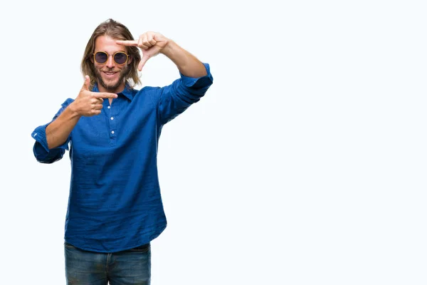 Young Handsome Man Long Hair Wearing Sunglasses Isolated Background Smiling — Stock Photo, Image