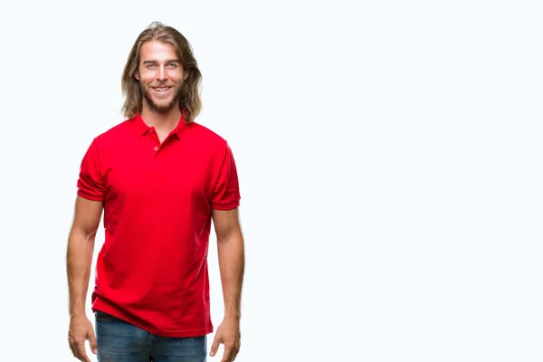 Young Handsome Man Long Hair Isolated Background Happy Cool Smile — Stock Photo, Image