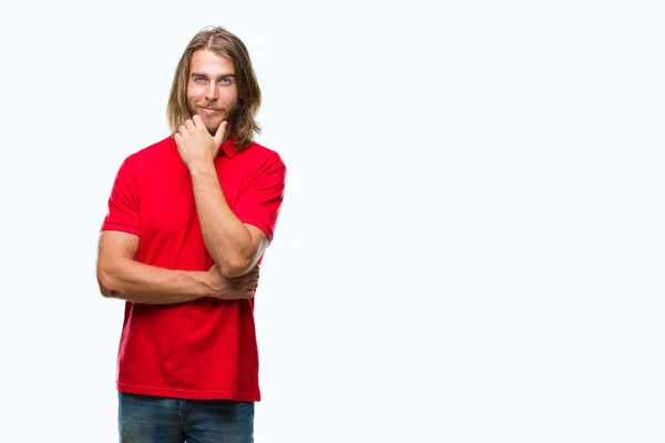 Young Handsome Man Long Hair Isolated Background Looking Confident Camera — Stock Photo, Image