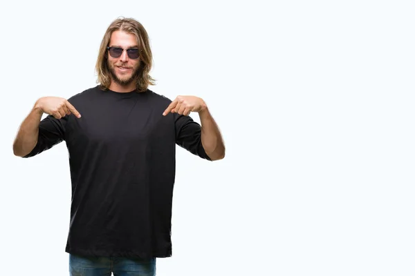 Young Handsome Man Long Hair Wearing Sunglasses Isolated Background Looking — Stock Photo, Image