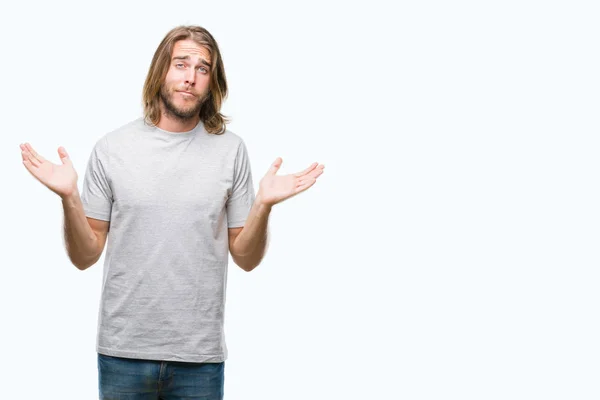 Young Handsome Man Long Hair Isolated Background Clueless Confused Expression — Stock Photo, Image
