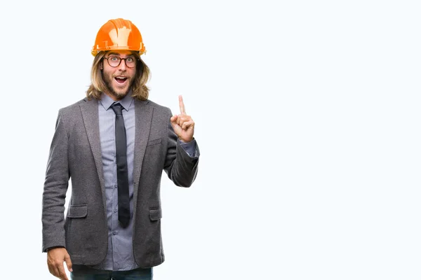 Jovem Arquiteto Bonito Homem Com Cabelos Longos Usando Capacete Segurança — Fotografia de Stock