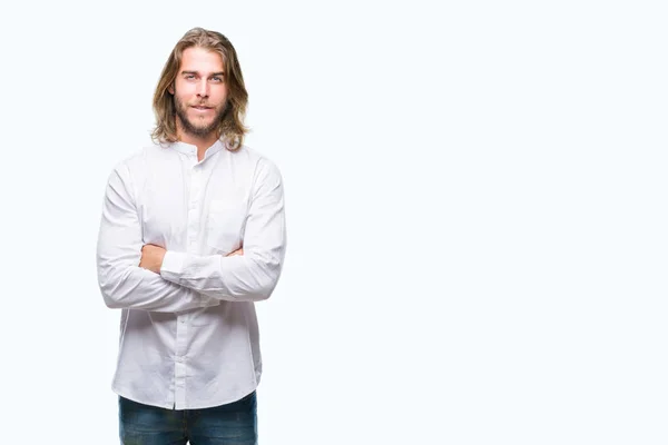 Homem Bonito Jovem Com Cabelos Longos Sobre Fundo Isolado Rosto — Fotografia de Stock