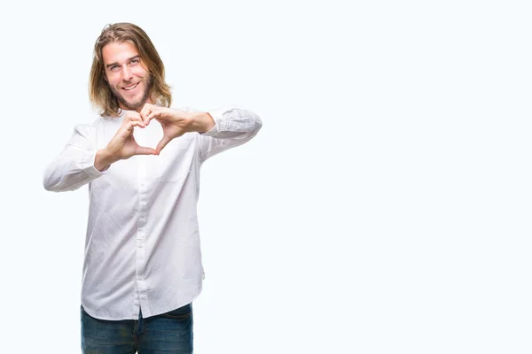 Joven Hombre Guapo Con Pelo Largo Sobre Fondo Aislado Sonriendo —  Fotos de Stock