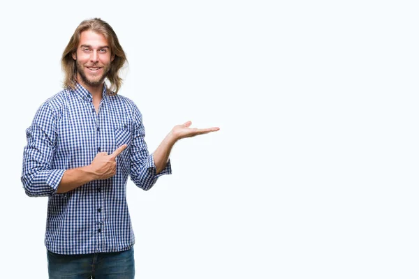 Young Handsome Man Long Hair Isolated Background Amazed Smiling Camera — Stock Photo, Image