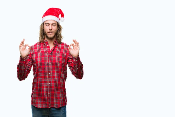 Young Handsome Man Long Hair Wearing Santa Claus Hat Isolated — Stock Photo, Image