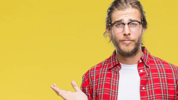 Young Handsome Man Long Hair Wearing Glasses Isolated Background Clueless — Stock Photo, Image