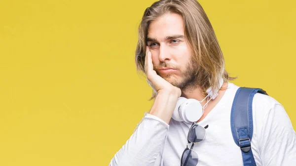 Young Handsome Tourist Man Long Hair Wearing Backpack Isolated Background — Stock Photo, Image