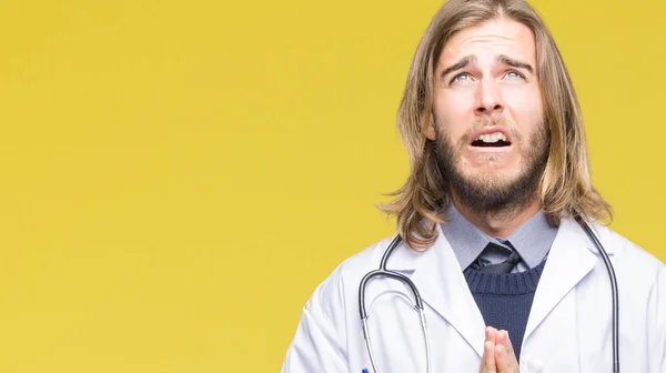 Young Handsome Doctor Man Long Hair Isolated Background Begging Praying — Stock Photo, Image