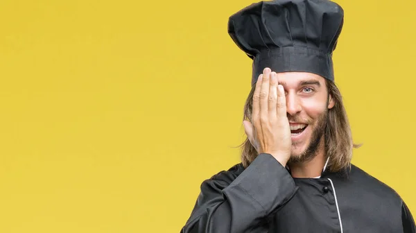 Giovane Bello Cuoco Uomo Con Capelli Lunghi Sfondo Isolato Che — Foto Stock