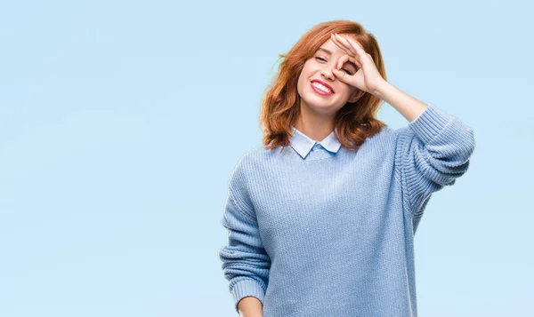 Joven Hermosa Mujer Sobre Fondo Aislado Usando Suéter Invierno Haciendo —  Fotos de Stock