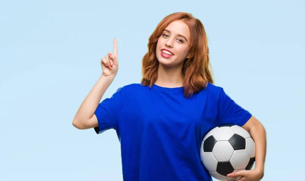 Young Beautiful Woman Isolated Background Holding Soccer Football Ball Surprised — Stock Photo, Image