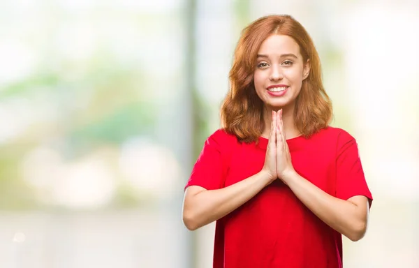 Mooie Jongedame Geïsoleerde Achtergrond Bidden Met Handen Samen Vragen Vergeving — Stockfoto